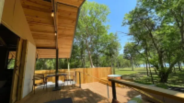 Lake front glamping cabin. Bathroom inside.