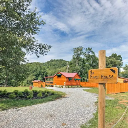 Deck & Hot Tub: Bryson City Riverfront Cabin!