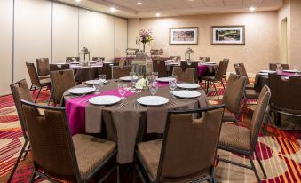 a well - arranged dining room with several round tables covered in purple tablecloths and set for a formal event at Hilton Garden Inn Omaha West