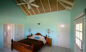 a bedroom with blue walls , a wooden bed frame , and a ceiling fan hanging from the room 's high ceiling at Channel View