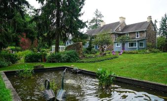 a large house with a well - maintained garden and a pond with two swans , surrounded by lush greenery at Wild Wisteria