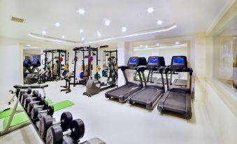 a well - equipped gym with a variety of exercise equipment , including treadmills , weight machines , and benches at New Marathon Hotel