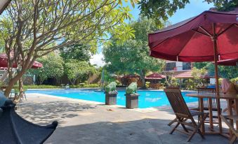 a large swimming pool surrounded by trees , with a table and chairs set up nearby at Jazz Hotel Palu