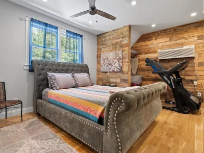 Studio above a detached garage away from main house on a private lot.