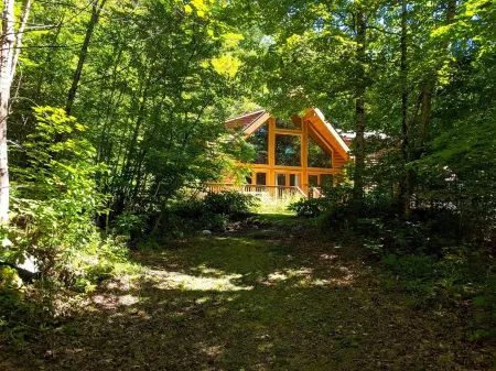 3Br Riverfront Log Home with Steam Sauna, Soaring Glass Wall & Private Forest