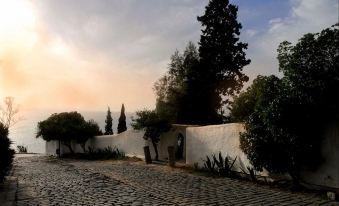 a brick pathway leads to a white building with trees and shrubs , set against the backdrop of a beautiful sunset at La Villa Bleue