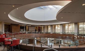 a modern , curved skylight in the middle of a restaurant with large windows and a round ceiling at Hilton Garden Inn Dallas - at Hurst Conference Center