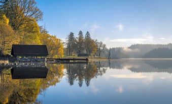 a serene lake surrounded by trees , with a small wooden cabin on the water 's edge at The Forth Inn
