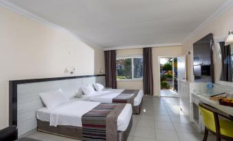 a hotel room with two beds , one on the left side and another on the right side of the room at Mediterranean Breeze Hotel