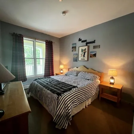 5 minute walk to lifts and Stratton Village! Cozy fireplace with a private patio
