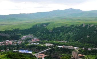 a panoramic view of a mountainous landscape with green trees and buildings nestled in the valley at Hotel Central