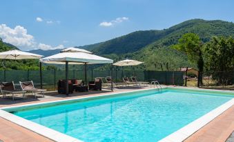 a large swimming pool surrounded by lounge chairs and umbrellas , with a mountainous landscape in the background at Villa