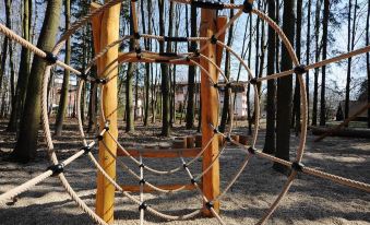 a rope climbing structure in a park , with trees and buildings visible in the background at Hotel Regent