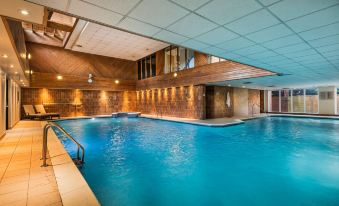 a large indoor swimming pool with a diving board and a staircase leading up to it at Macdonald Elmers Court Hotel