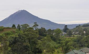 a mountain range with trees and shrubs in the foreground , and a house nestled at the base at Villa Berastagi Highland