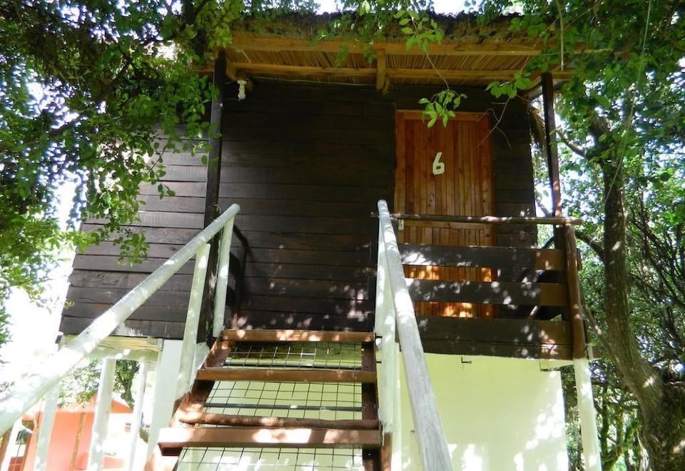 a wooden house with a staircase leading to the entrance , surrounded by trees and foliage at Lalanasi Lodge
