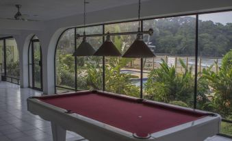 a pool table with a red felt surface and three lamps hanging from the ceiling at Hotel Playa Bonita