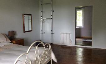 a white bedroom with hardwood floors , a large bed , and a ladder leading to the top bunk at Serendipite