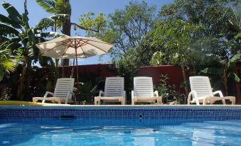 a swimming pool surrounded by lounge chairs and umbrellas , providing a relaxing atmosphere for guests at Conchal Hotel