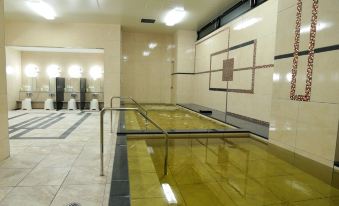 a large indoor swimming pool with a metal railing , surrounded by white tiles and beige walls at Green Rich Hotel Kurume