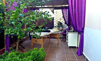 a room with purple curtains , a table set up for a massage , and a person sitting on the floor at Montreal