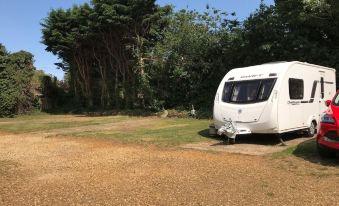 a white caravan parked on a grassy field , surrounded by trees and a dirt path at The Queen Victoria