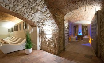 a stone - walled room with exposed brick walls , a white couch , and green plants in a room with an arched ceiling at Palazzo Leopoldo Dimora Storica & Spa