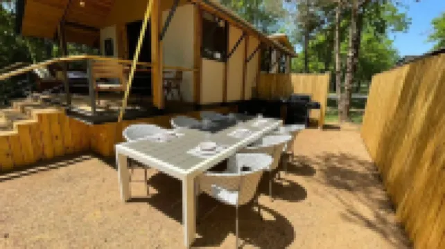 Lake front glamping cabin. Bathroom inside.