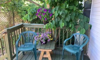 a wooden deck with blue chairs and a table , surrounded by lush greenery and colorful flowers at Micosta Leisure Inn