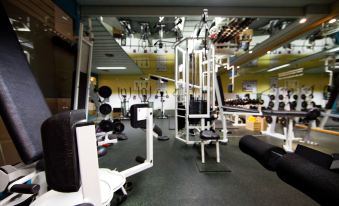 a well - equipped gym with various exercise equipment , including weightlifting machines and cardio machines , as well as a tennis court in the background at Matterhorn Inn
