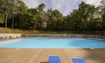 a large outdoor swimming pool surrounded by grass , with several lounge chairs placed around it at Carter Caves State Resort Park