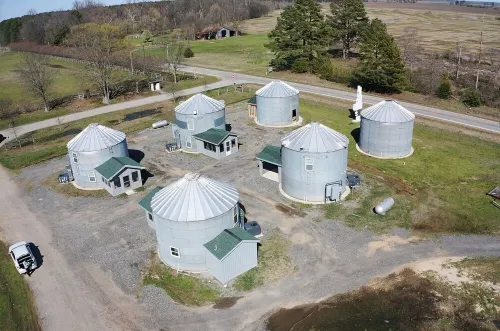 Soybean Bin Cozy Grain Bin retreat on a mini working farm.