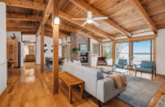 Midcentury home, private beach, large deck with dining