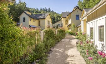 a narrow path winds through a lush green garden with yellow houses on either side at Farmhouse Inn