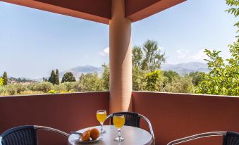 a table with two glasses of orange juice and a plate of fruit on it , overlooking a balcony overlooking mountains at Sofi