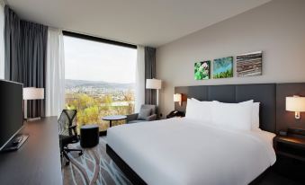 a hotel room with a large bed and a view of the city outside the window at Hilton Garden Inn Zurich Limmattal