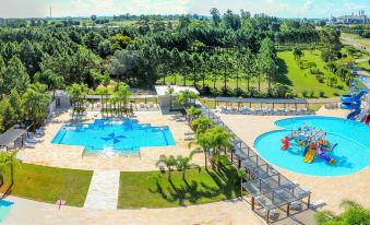 a large outdoor pool surrounded by lush greenery , with multiple people enjoying their time in the water at Hotel San Isidro