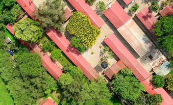 aerial view of a residential area with multiple houses and green trees , surrounded by a park - like setting at Amboseli Serena Safari Lodge