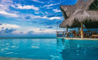 a large pool with a thatched roof structure next to it , overlooking the ocean and blue sky at Riviera Del Sol Hotel Spa