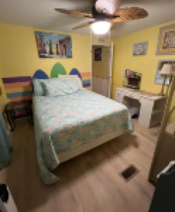 “Tiki time Getaway” -dog friendly, sleeps 6. Corner of splash pad and pool.