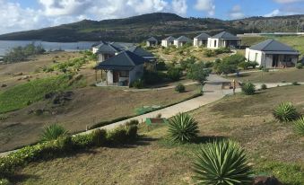 a picturesque landscape with a group of houses and greenery , set against the backdrop of a mountainous area at Constance Tekoma