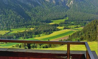 a balcony overlooking a beautiful mountain landscape , with a view of green fields and trees at Eva