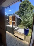 Rustic cabin, sea views, deck, bbq, kayak/SUP, wifi, 2 mins walk to beach, pets