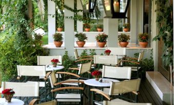 an outdoor dining area with several tables and chairs , as well as potted plants on the walls at Hotel Antonios