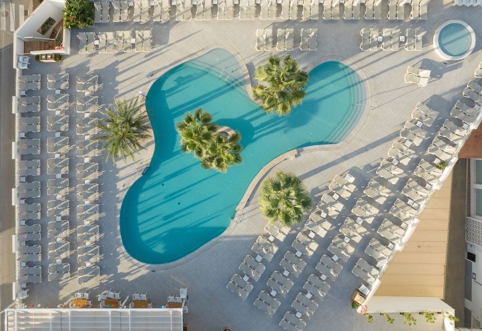 a large outdoor pool surrounded by lounge chairs and umbrellas , with palm trees in the background at Hotel Cala Bona