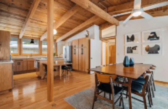 Midcentury home, private beach, large deck with dining