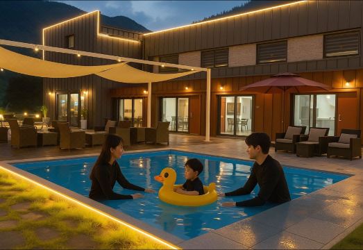 가평 오리온 풀빌라 펜션의 깔끔한 온수 수영장