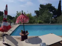 Top of villa, terraces, swimming pool at Mont St Clair, pétanque court with sea view