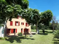 Provençal farm among olive trees; view of the hill from a large shaded terrace