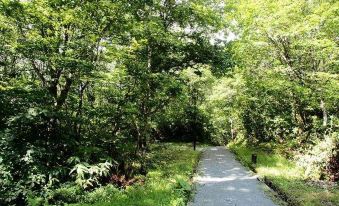 a serene path surrounded by lush green trees and grass , with a sign on the right side at Ganiba Onsen